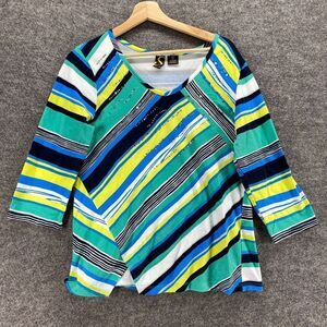 Spartelle Blouse Women M Medium Green Striped V-Neck 3/4 Sleeve Pullover Cotton